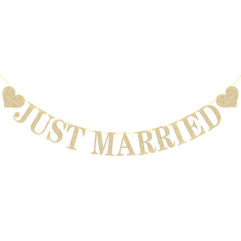 Pre-Strung Just Married Banner NO DIY Just Married Sign Gold Glitter Wedding Banner for Just Married Wedding Reception Ceremony Party and Car Decorations