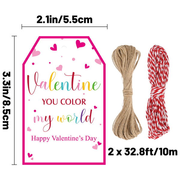 Valentines Day Gift Tags Happy Valentine's Day Gift Tags with String, 50 PCS Valentine You Color My World Tags Valentine Design Personalized Tags for Gift Wrap, Valentine's Day Decoration