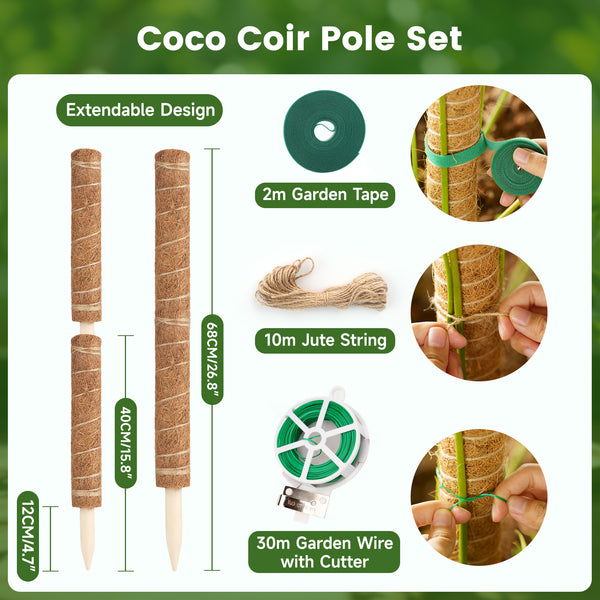 KINGLAKE 2Pcs 40cm Moss Pole, Coco Coir Totem Moss Sticks for Climbing Plant Support, Plant Stakes for Monstera Cheese Plants Grow Upwards with 30m Plant Ties,2m Garden Tape,10m Jute Twine