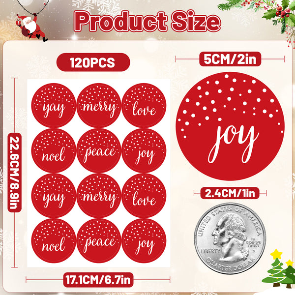 KINGLAKE GARDEN Christmas Stickers Happy Holiday Stickers Labels 2 Inch Large Joy Christmas Stickers 120Pcs Round Christmas Card Stickers Xmas Stickers for Envelope Seals, Card, Ornament (Joy)