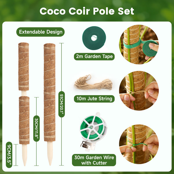 KINGLAKE 2Pcs 30cm Moss Pole, Coco Coir Totem Moss Sticks for Climbing Plant Support, Plant Stakes for Monstera Cheese Plants Grow Upwards with 30m Plant Ties,2m Garden Tape,10m Jute Twine