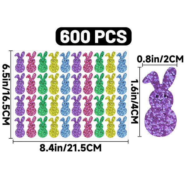 Easter Stickers 600 Pcs Laser Bunny Stickers 1.5 Inch 5 Colors Easter Bunny Stickers Rabbit Self-Adhesive Stickers Happy Easter Stickers for Envelope Seal Card Easter Egg Decoration