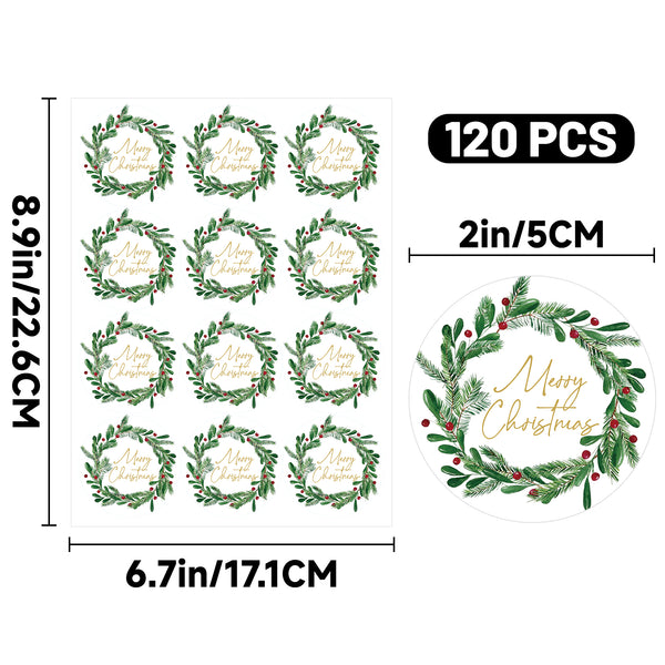 Alynta Merry Christmas Stickers - 2 Inch Holiday Stickers 120Pcs Large Round Christmas Card Sticker Labels Xmas Holly Berries Wreath Sticker for Envelope Seals Card Ornament (Gold)