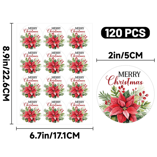 Alynta Merry Christmas Stickers - 2 Inch Holiday Stickers 120Pcs Large Round Christmas Card Sticker Labels Self-Adhesive Xmas Poinsettias Sticker for Envelope Seals Card Ornament (Red)