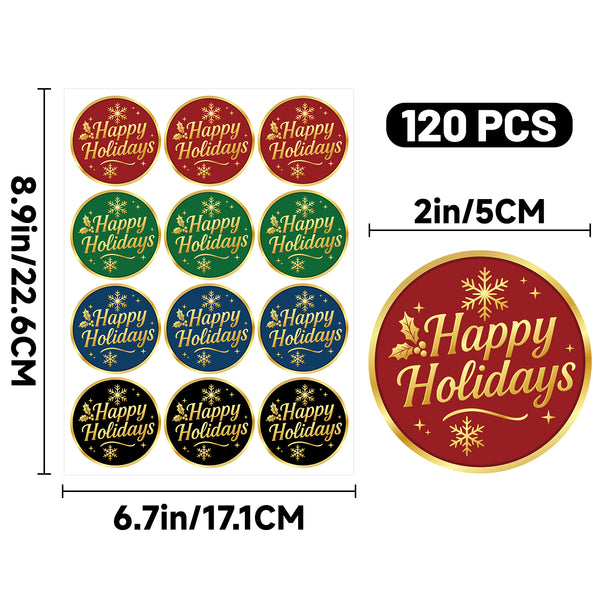 Alynta Happy Holidays Stickers - 2 Inch 120Pcs Gold Foil Christmas Stickers Round Large Holiday Envelope Sticker Xmas Sticker Labels for Envelope Seals Cards Ornaments Presents Christmas Decorations