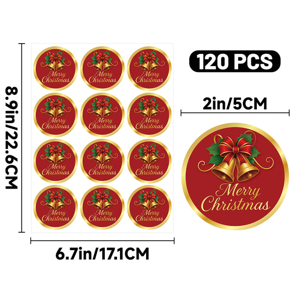 Alynta Merry Christmas Stickers - 2 Inch 120Pcs Holiday Stickers Gold Foil Christmas Card Sticker Labels Round Large Xmas Bell Sticker for Envelope Seals Ornaments Presents