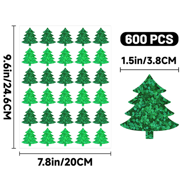 Alynta 600Pcs Christmas Tree Stickers - Holographic Christmas Envelope Stickers 1.5 Inch Waterproof Self-Adhesive Xmas Tree Labels Sticker Xmas Sticker for Envelope Seals Cards Party Decorations