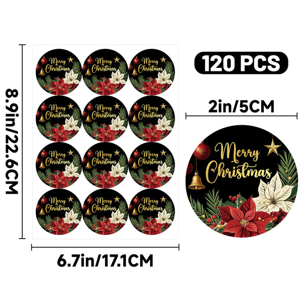Alynta Merry Christmas Stickers - 2 Inch Holiday Stickers 120Pcs Large Round Christmas Card Sticker Labels Self-Adhesive Xmas Poinsettias Sticker for Envelope Seals Card Ornament (Black)