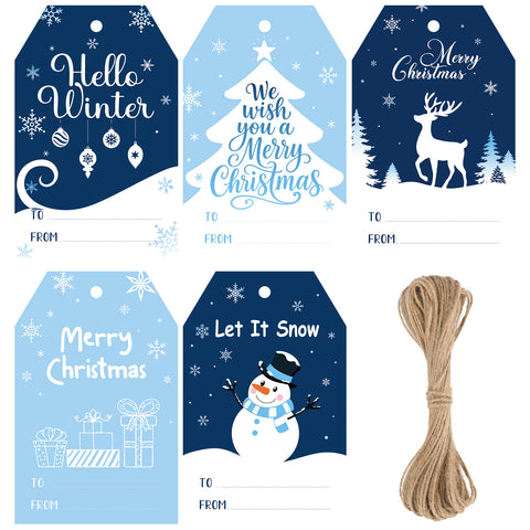 Alynta Christmas Gift Tags with String - Christmas Name Tags 50Pcs Holiday to and from Gift Tag Winter Paper Tag for Christmas Presents Gift Wrapping Xmas Winter Decorations (Blue)