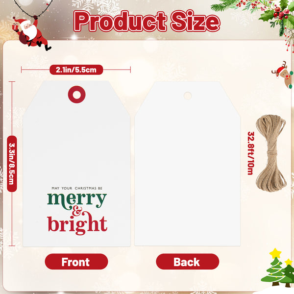 Christmas Gift Tags Merry and Bright Gift Tags with String 50 PCS Xmas Gift Tags Holiday Tags White Christmas Tags for Christmas Presents, Gift Wrapping, Christmas Decoration (Merry and Bright)