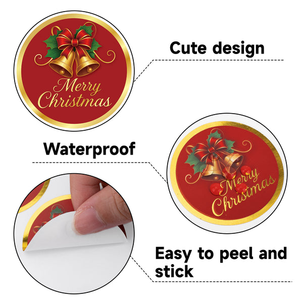Alynta Merry Christmas Stickers - 2 Inch 120Pcs Holiday Stickers Gold Foil Christmas Card Sticker Labels Round Large Xmas Bell Sticker for Envelope Seals Ornaments Presents