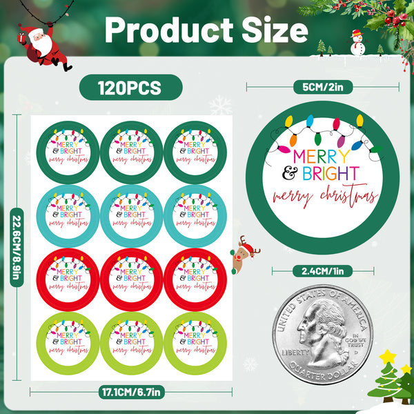 Christmas Stickers Merry Christmas Stickers Labels 2 Inch Large Merry and Bright Stickers 120Pcs Round Christmas Light Stickers Holiday Stickers Xmas Stickers for Envelope Seals, Card, Ornament