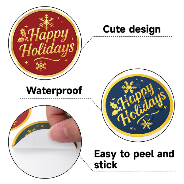 Alynta Happy Holidays Stickers - 2 Inch 120Pcs Gold Foil Christmas Stickers Round Large Holiday Envelope Sticker Xmas Sticker Labels for Envelope Seals Cards Ornaments Presents Christmas Decorations