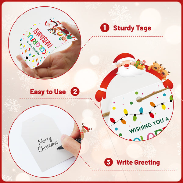 KINGLAKE GARDEN Christmas Gift Tags Merry Christmas Gift Tags with String 50 PCS Xmas Light Gift Tags Holiday Tags Christmas Tags for Christmas Presents, Gift Wrapping (Colorful Christmas)