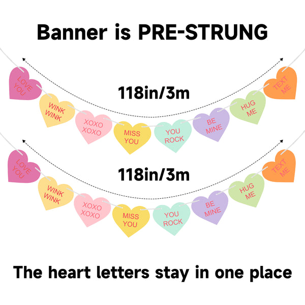 Valentines Conversation Hearts Candy Banner No DIY Valentines Day Heart Garland with 16Pcs Heart, 2Pack Pre-Strung Valentines Garland Heart Banner for Valentine's Day Heart Decorations (Multicolor)