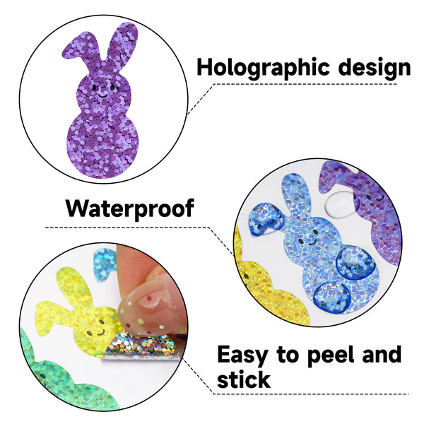 Easter Stickers 600 Pcs Laser Bunny Stickers 1.5 Inch 5 Colors Easter Bunny Stickers Rabbit Self-Adhesive Stickers Happy Easter Stickers for Envelope Seal Card Easter Egg Decoration