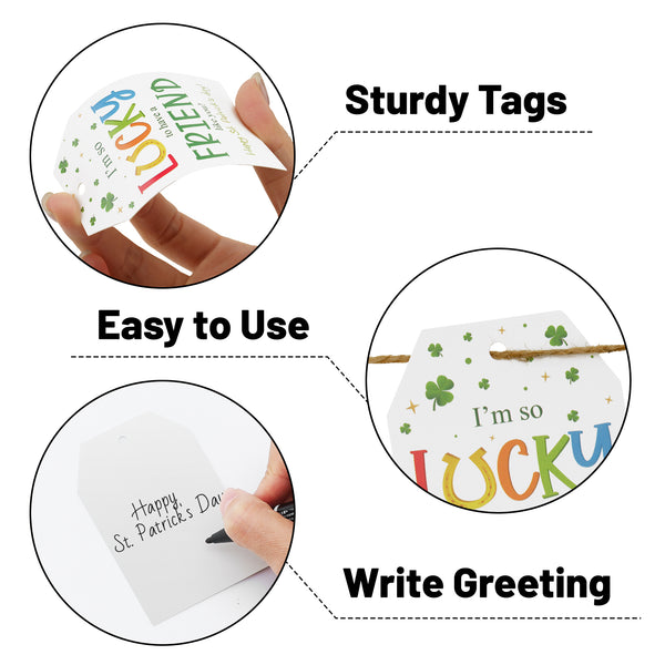 Happy St. Patrick's Day Gift Tags with String, Shamrock Gift Tags 50 Pcs St. Patrick's Day Tags Clover Design Tags for Gift Wrapping St. Patrick's Day Decoration