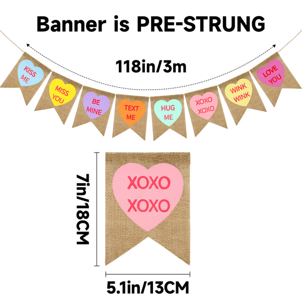 Valentines Conversation Hearts Candy Banner No DIY Heart Burlap Banner Heart Garland Pre-Strung Heart Design Garland Heart Banner for Valentine Decorations (Multicolor)