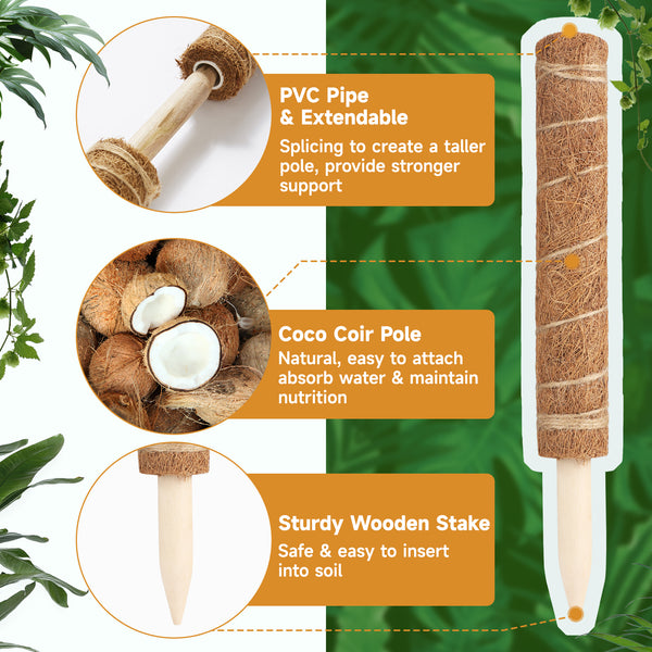 KINGLAKE 4Pcs 30cm Moss Pole, Coco Coir Totem Moss Sticks for Climbing Plant Support, Plant Stakes for Monstera Cheese Plants Grow Upwards with 30m Plant Ties,2m Garden Tape,10m Jute Twine