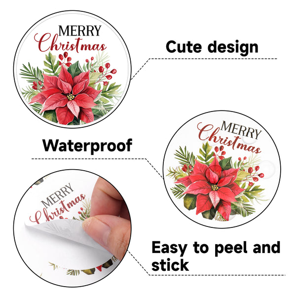 Alynta Merry Christmas Stickers - 2 Inch Holiday Stickers 120Pcs Large Round Christmas Card Sticker Labels Self-Adhesive Xmas Poinsettias Sticker for Envelope Seals Card Ornament (Red)