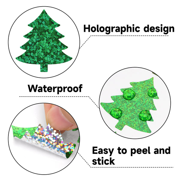 Alynta 600Pcs Christmas Tree Stickers - Holographic Christmas Envelope Stickers 1.5 Inch Waterproof Self-Adhesive Xmas Tree Labels Sticker Xmas Sticker for Envelope Seals Cards Party Decorations