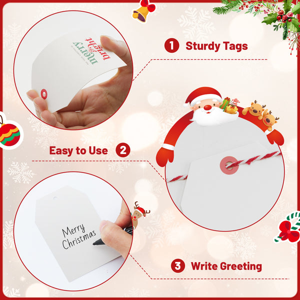 Christmas Gift Tags Merry and Bright Gift Tags with String 50 PCS Xmas Gift Tags Holiday Tags White Christmas Tags for Christmas Presents, Gift Wrapping, Christmas Decoration (Merry and Bright)