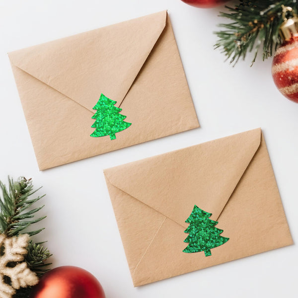 Alynta 600Pcs Christmas Tree Stickers - Holographic Christmas Envelope Stickers 1.5 Inch Waterproof Self-Adhesive Xmas Tree Labels Sticker Xmas Sticker for Envelope Seals Cards Party Decorations