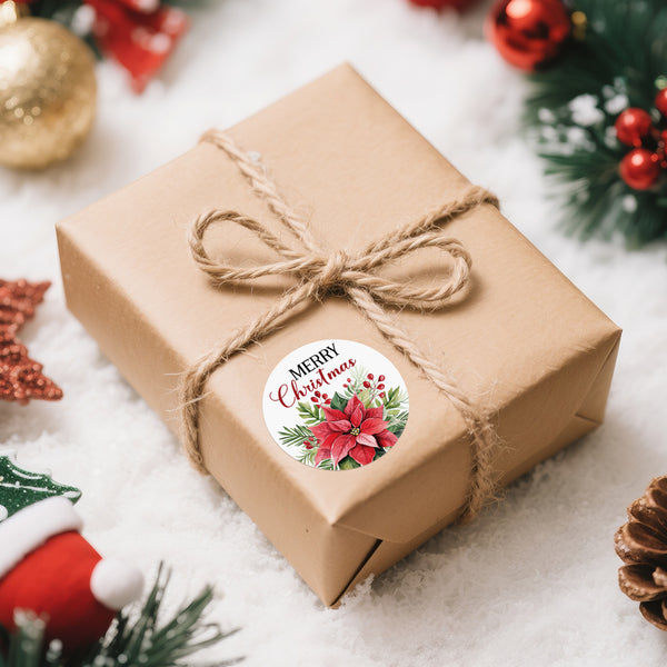 Alynta Merry Christmas Stickers - 2 Inch Holiday Stickers 120Pcs Large Round Christmas Card Sticker Labels Self-Adhesive Xmas Poinsettias Sticker for Envelope Seals Card Ornament (Red)