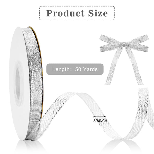 Silver Glitter Ribbon 3/8 Inch Thin Sparkly Fabric Ribbon 50 Yards Gift Ribbon Christmas Ribbon for Gift Wrapping, Presents, Crafts, Christmas Holiday Wedding Birthday Party Decoration (Silver)