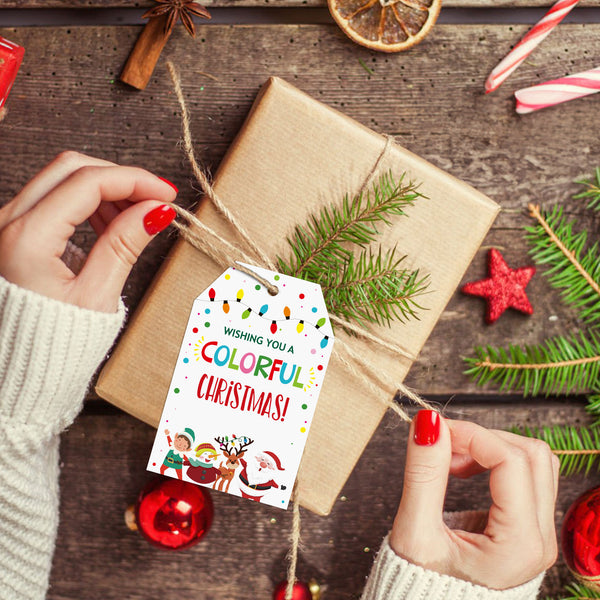 KINGLAKE GARDEN Christmas Gift Tags Merry Christmas Gift Tags with String 50 PCS Xmas Light Gift Tags Holiday Tags Christmas Tags for Christmas Presents, Gift Wrapping (Colorful Christmas)