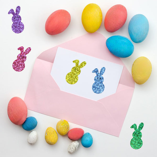 Easter Stickers 600 Pcs Laser Bunny Stickers 1.5 Inch 5 Colors Easter Bunny Stickers Rabbit Self-Adhesive Stickers Happy Easter Stickers for Envelope Seal Card Easter Egg Decoration
