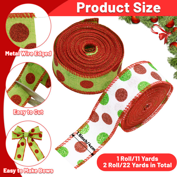 KINGLAKE GARDEN Christmas Wired Ribbon 22 Yards 1.5 Inch Christmas Red Green Dots Ribbon 2 Rolls Christmas Glitter Ribbon Christmas Tree Ribbon Polka Dots Burlap Ribbon for Christmas Decoration