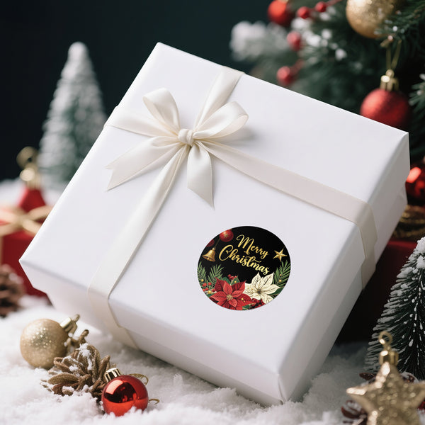 Alynta Merry Christmas Stickers - 2 Inch Holiday Stickers 120Pcs Large Round Christmas Card Sticker Labels Self-Adhesive Xmas Poinsettias Sticker for Envelope Seals Card Ornament (Black)