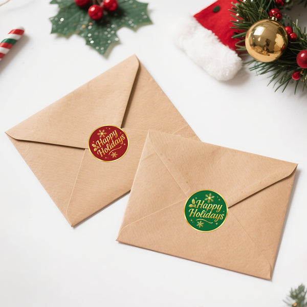Alynta Happy Holidays Stickers - 2 Inch 120Pcs Gold Foil Christmas Stickers Round Large Holiday Envelope Sticker Xmas Sticker Labels for Envelope Seals Cards Ornaments Presents Christmas Decorations
