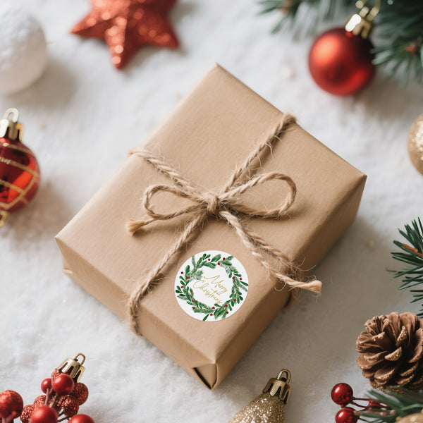 Alynta Merry Christmas Stickers - 2 Inch Holiday Stickers 120Pcs Large Round Christmas Card Sticker Labels Xmas Holly Berries Wreath Sticker for Envelope Seals Card Ornament (Gold)