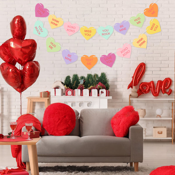 Valentines Conversation Hearts Candy Banner No DIY Valentines Day Heart Garland with 16Pcs Heart, 2Pack Pre-Strung Valentines Garland Heart Banner for Valentine's Day Heart Decorations (Multicolor)