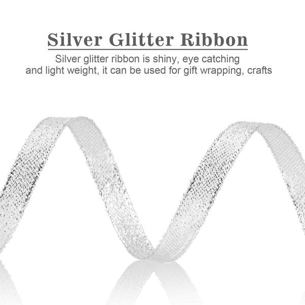 Silver Glitter Ribbon 3/8 Inch Thin Sparkly Fabric Ribbon 50 Yards Gift Ribbon Christmas Ribbon for Gift Wrapping, Presents, Crafts, Christmas Holiday Wedding Birthday Party Decoration (Silver)