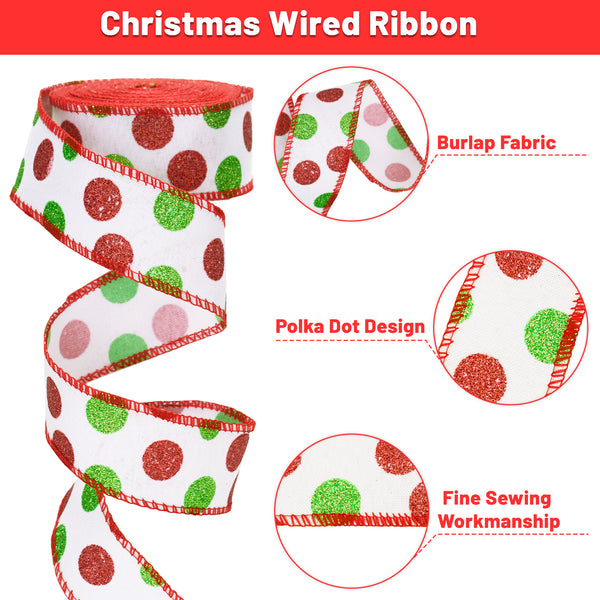 KINGLAKE GARDEN Christmas Wired Ribbon 22 Yards 1.5 Inch Christmas Red Green Dots Ribbon 2 Rolls Christmas Glitter Ribbon Christmas Tree Ribbon Polka Dots Burlap Ribbon for Christmas Decoration