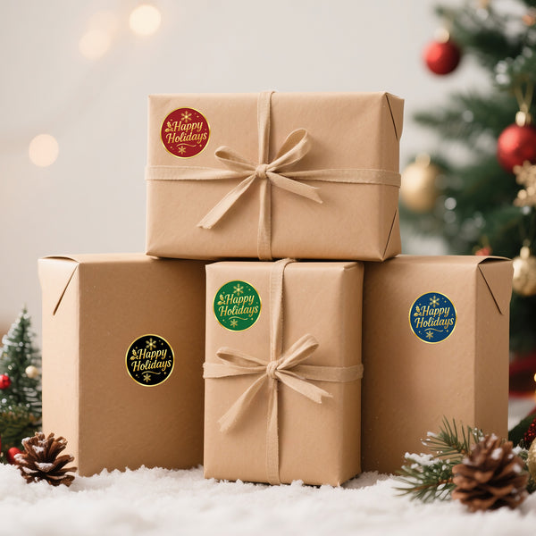 Alynta Happy Holidays Stickers - 2 Inch 120Pcs Gold Foil Christmas Stickers Round Large Holiday Envelope Sticker Xmas Sticker Labels for Envelope Seals Cards Ornaments Presents Christmas Decorations