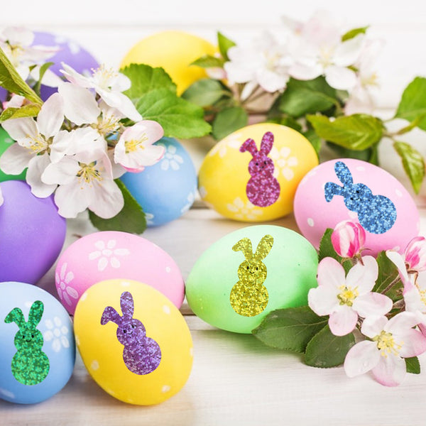 Easter Stickers 600 Pcs Laser Bunny Stickers 1.5 Inch 5 Colors Easter Bunny Stickers Rabbit Self-Adhesive Stickers Happy Easter Stickers for Envelope Seal Card Easter Egg Decoration