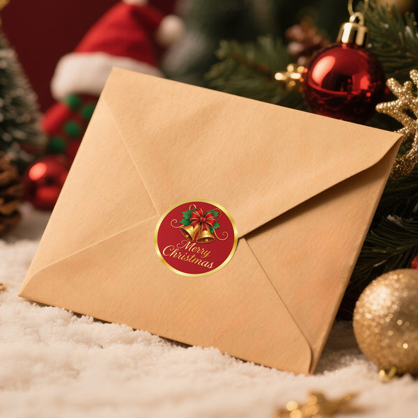 Alynta Merry Christmas Stickers - 2 Inch 120Pcs Holiday Stickers Gold Foil Christmas Card Sticker Labels Round Large Xmas Bell Sticker for Envelope Seals Ornaments Presents