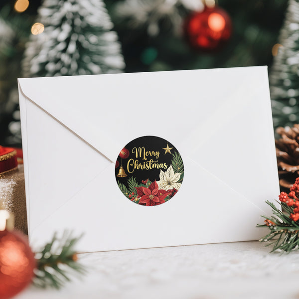 Alynta Merry Christmas Stickers - 2 Inch Holiday Stickers 120Pcs Large Round Christmas Card Sticker Labels Self-Adhesive Xmas Poinsettias Sticker for Envelope Seals Card Ornament (Black)