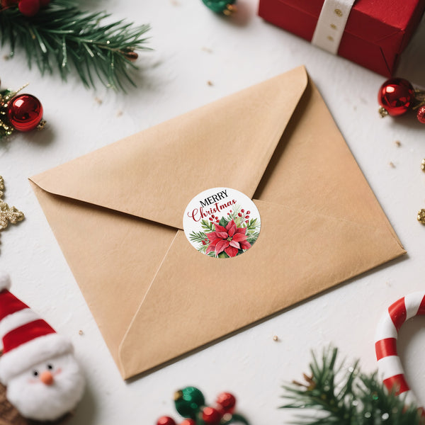 Alynta Merry Christmas Stickers - 2 Inch Holiday Stickers 120Pcs Large Round Christmas Card Sticker Labels Self-Adhesive Xmas Poinsettias Sticker for Envelope Seals Card Ornament (Red)