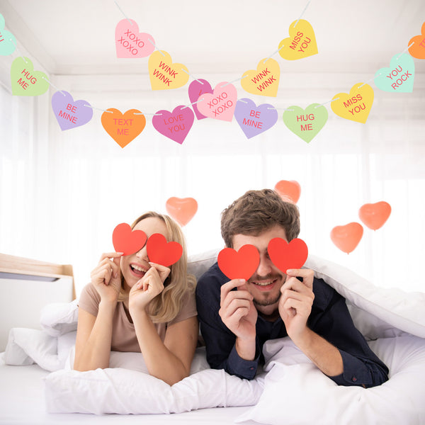 Valentines Conversation Hearts Candy Banner No DIY Valentines Day Heart Garland with 16Pcs Heart, 2Pack Pre-Strung Valentines Garland Heart Banner for Valentine's Day Heart Decorations (Multicolor)