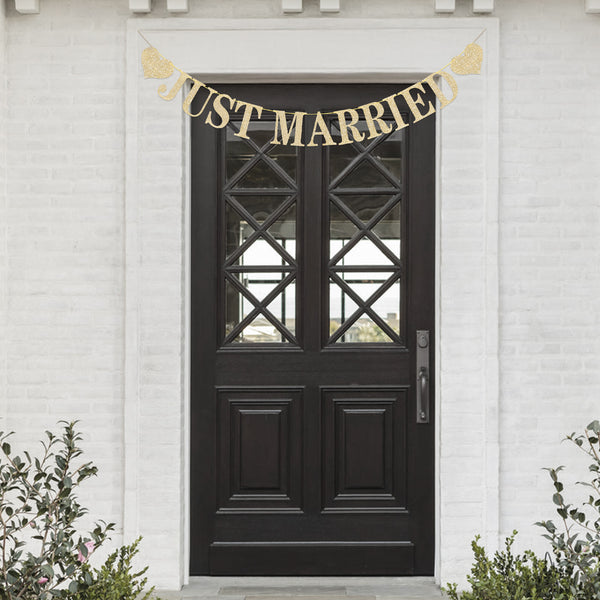 Pre-Strung Just Married Banner NO DIY Just Married Sign Gold Glitter Wedding Banner for Just Married Wedding Reception Ceremony Party and Car Decorations