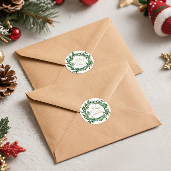 Alynta Merry Christmas Stickers - 2 Inch Holiday Stickers 120Pcs Large Round Christmas Card Sticker Labels Xmas Holly Berries Wreath Sticker for Envelope Seals Card Ornament (Gold)