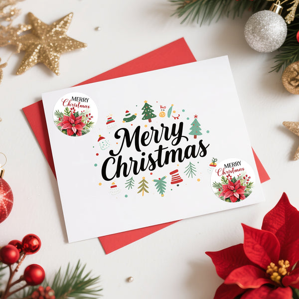 Alynta Merry Christmas Stickers - 2 Inch Holiday Stickers 120Pcs Large Round Christmas Card Sticker Labels Self-Adhesive Xmas Poinsettias Sticker for Envelope Seals Card Ornament (Red)
