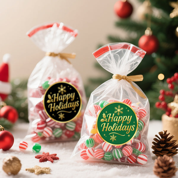 Alynta Happy Holidays Stickers - 2 Inch 120Pcs Gold Foil Christmas Stickers Round Large Holiday Envelope Sticker Xmas Sticker Labels for Envelope Seals Cards Ornaments Presents Christmas Decorations