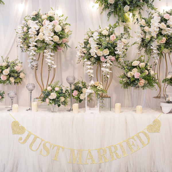 Pre-Strung Just Married Banner NO DIY Just Married Sign Gold Glitter Wedding Banner for Just Married Wedding Reception Ceremony Party and Car Decorations