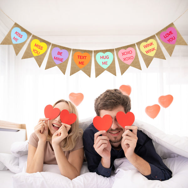 Valentines Conversation Hearts Candy Banner No DIY Heart Burlap Banner Heart Garland Pre-Strung Heart Design Garland Heart Banner for Valentine Decorations (Multicolor)